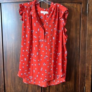 Orange and blue blouse, buttons in the front - small flutter sleeve